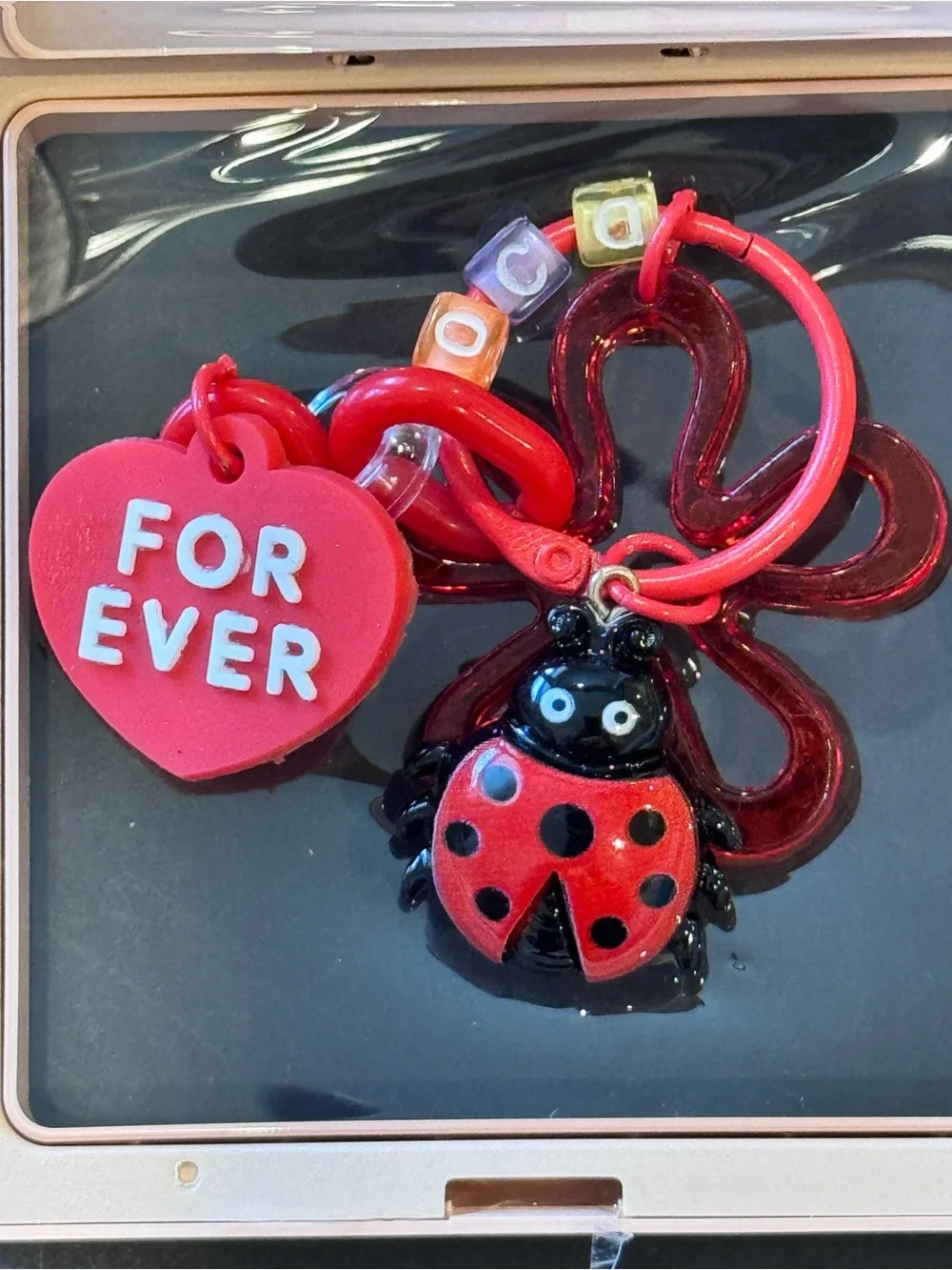Red Ladybug Heart Charm Keychain for Kids - Playful Bag Accessory in Shadow Box